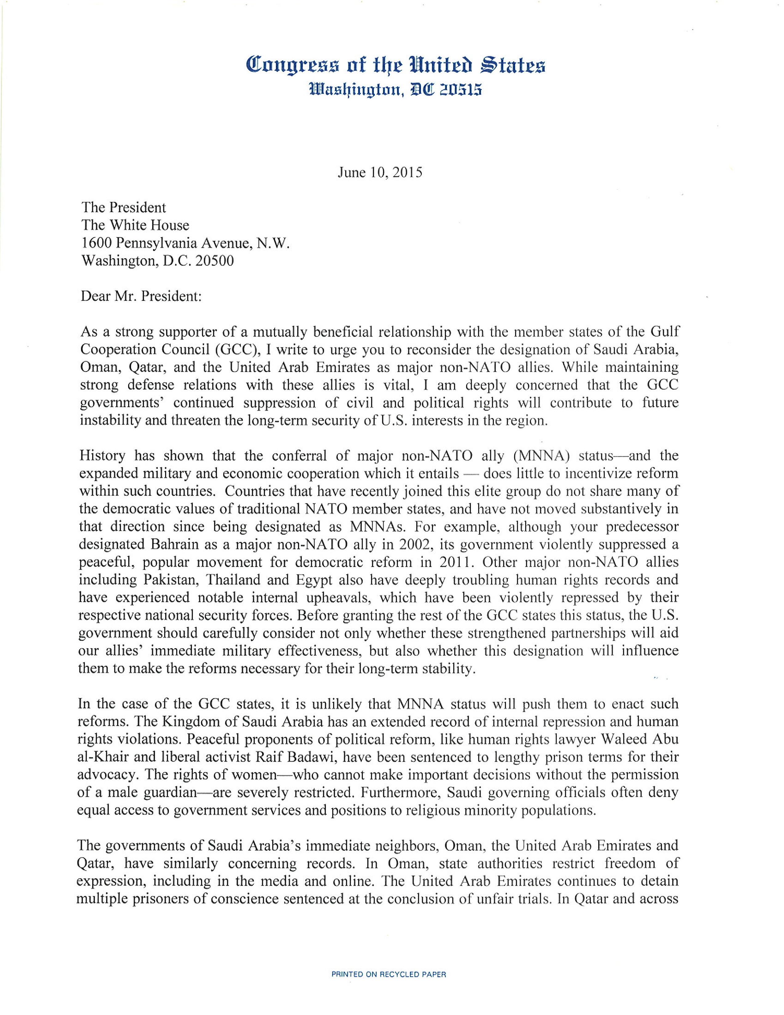 Congressmen Send Letter to Obama Urging Reconsideration of MNNA Status ...